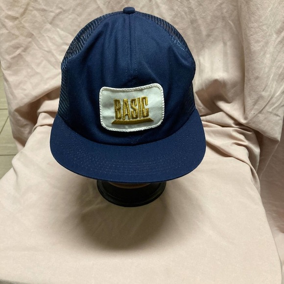 VINTAGE Basic Patch Navy Blue Trucker Style Snapback Hat - Picture 1 of 3